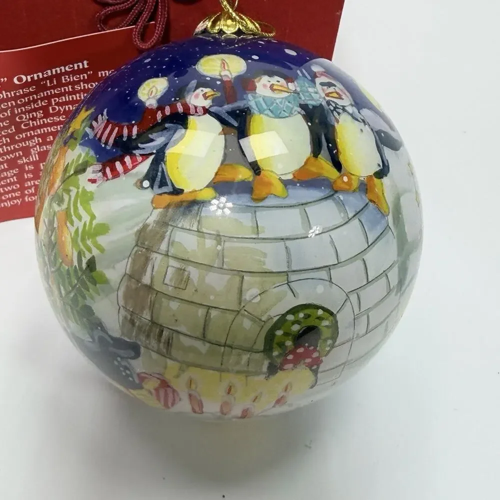 Pier 1 Li Bien Penguins Merry Bright Glass Christmas Ornament 4